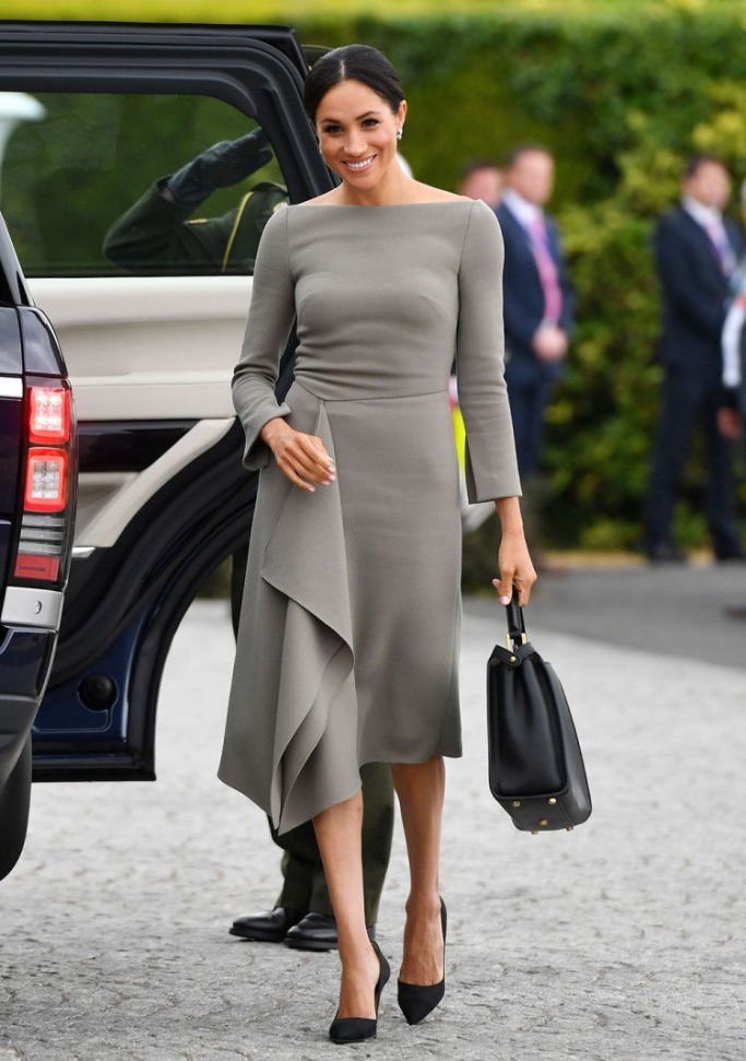 Meghan Markle boat neckline taupe dress 